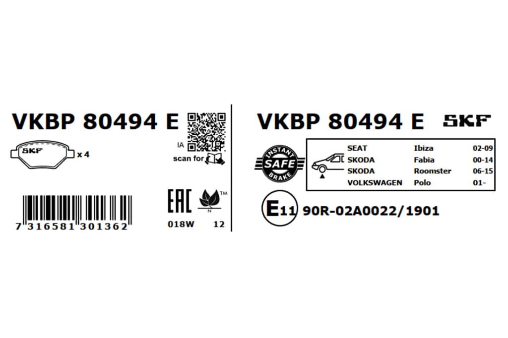 Jeu de 4 plaquettes de frein SKF ref. VKBP 80494 E